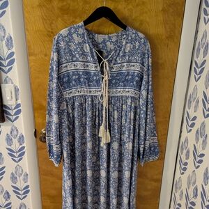 R. Vivimos Long Sleeve Retro Floral Blue Dress